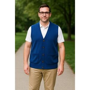 Woolovers Sweater Vest‎ Mens 2XL Blue Sleeveless Button Up Knit Preppy Academia